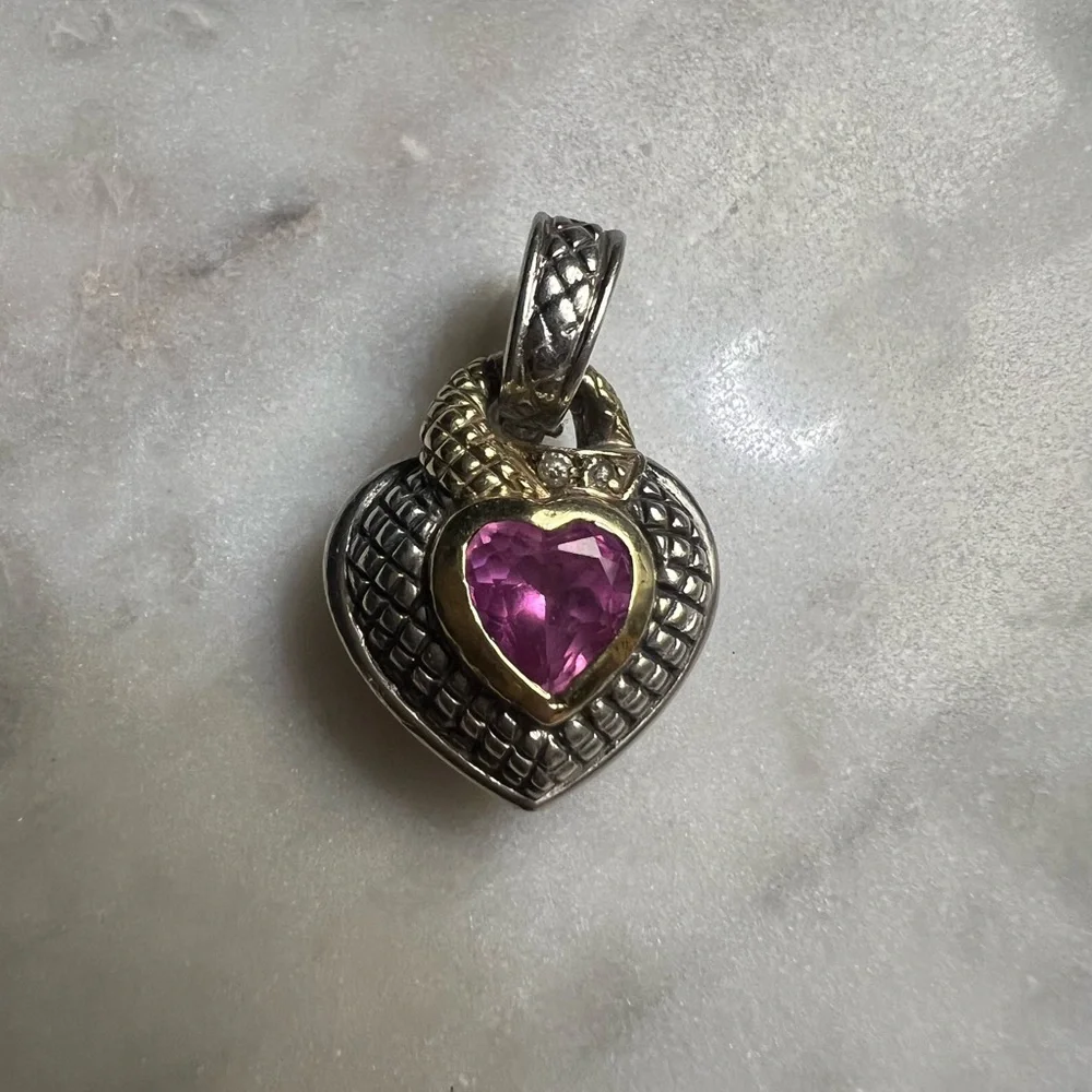Judith Ripka Silver and Gold Heart Necklace with Pink Stone - Picture 2 of 4